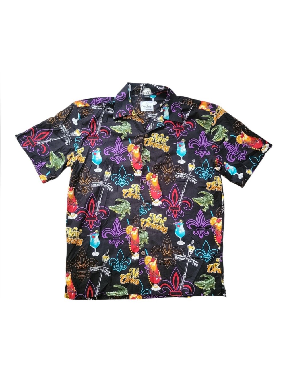 David Carey Camp Shirt New Orleans Bourbon Street Mardi Gras Mens Button Up L